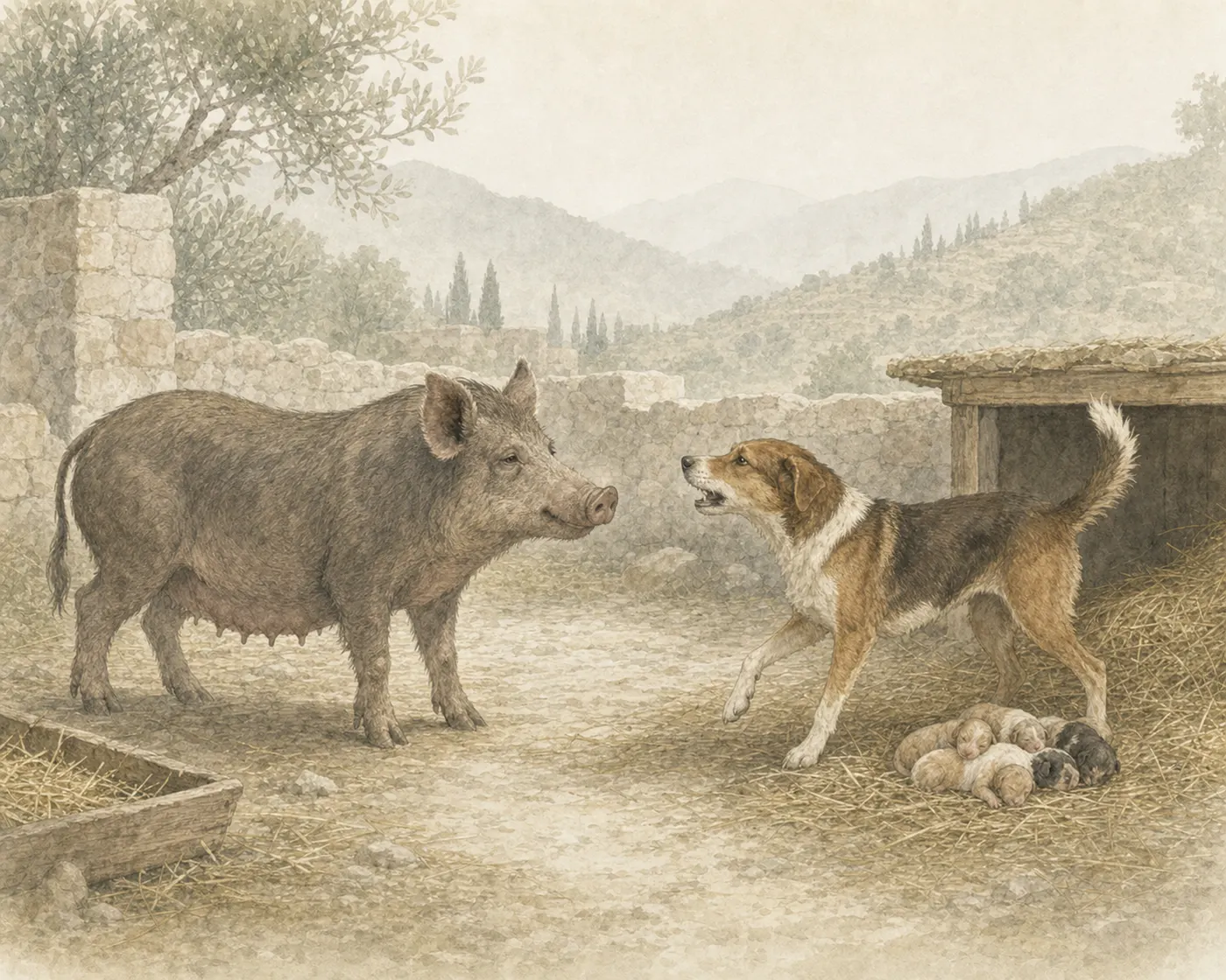 Illustration for Aesop’s fable “The Sow and the Bitch Disputing Fruitfulness”