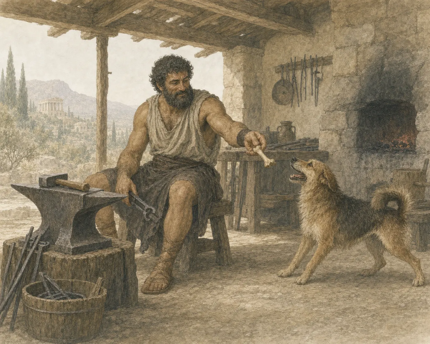Illustration for Aesop’s fable “The Blacksmith and His Dog”