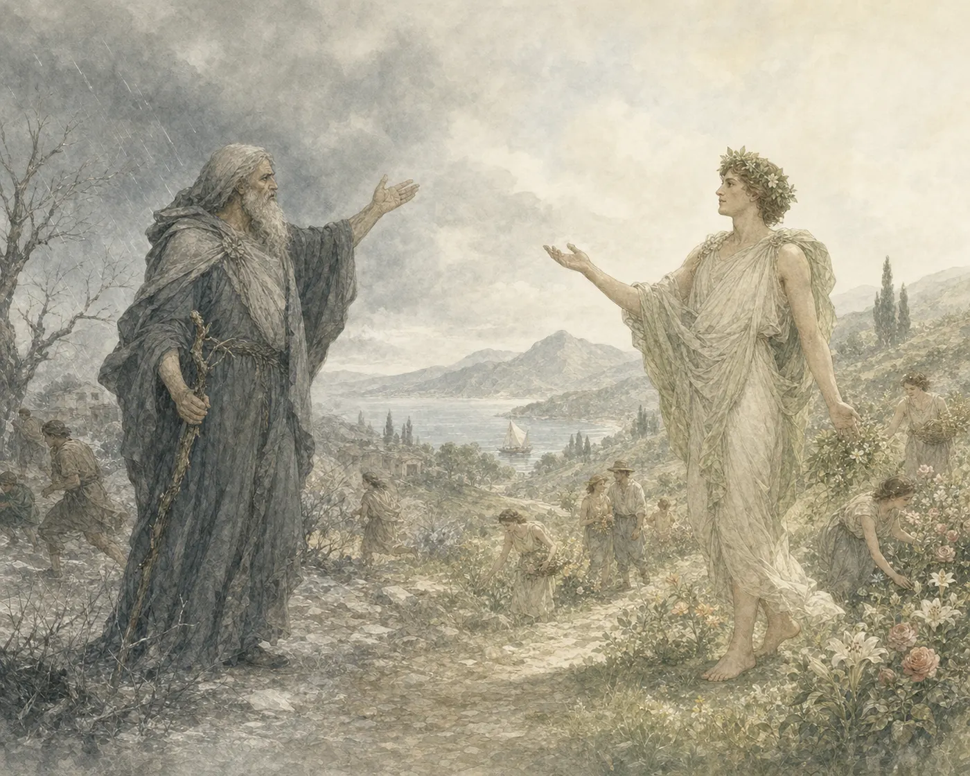 Illustration for Aesop’s fable “Winter and Spring”