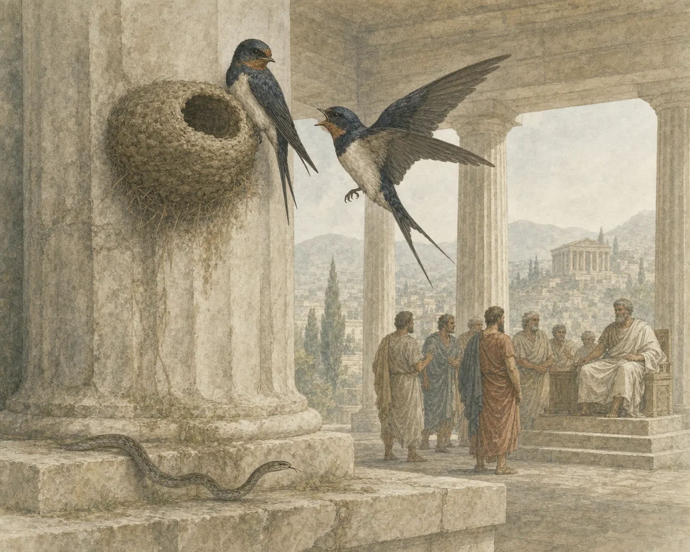 Illustration for Aesop’s fable “The Swallow and the Serpent”