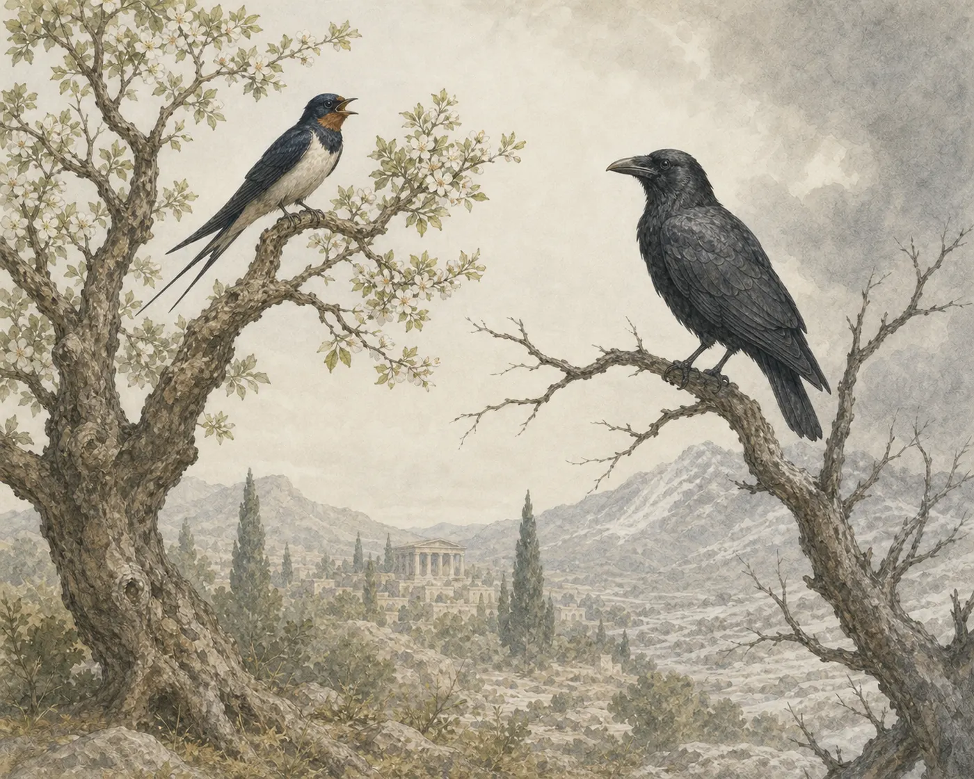 Illustration for Aesop’s fable “The Swallow and the Crow Disputing Their Beauty”