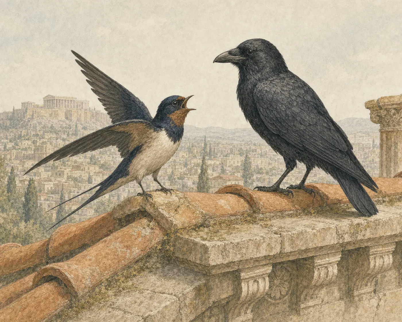 Illustration for Aesop’s fable “The Boastful Swallow and the Crow”