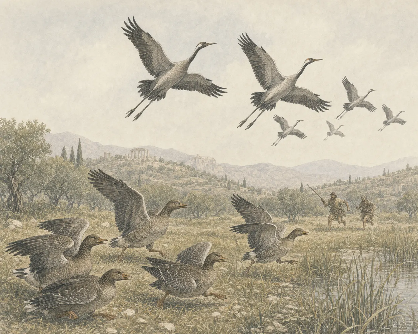 Illustration for Aesop’s fable “The Geese and the Cranes”