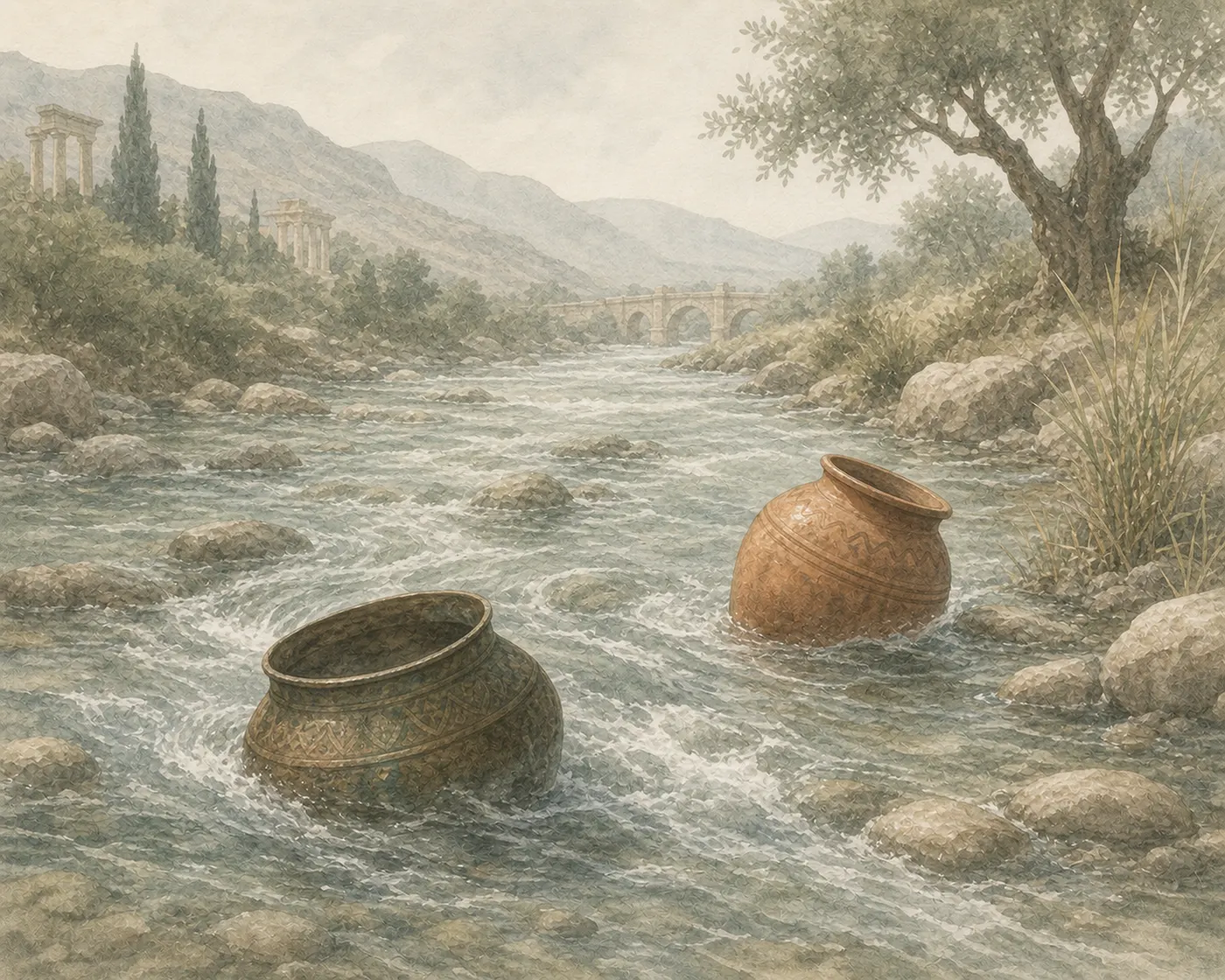 Illustration for Aesop’s fable “The Pots”