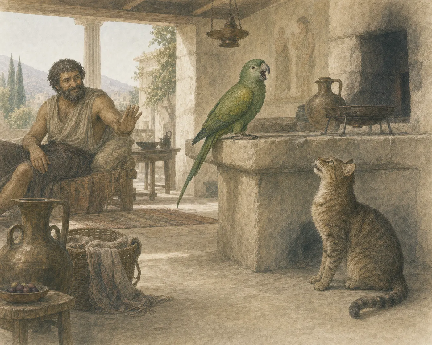 Illustration for Aesop’s fable “The Parrot and the Cat”