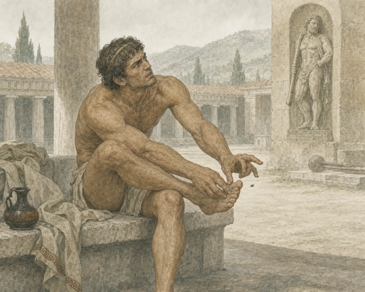 Illustration for Aesop’s fable “The Flea and the Athlete”