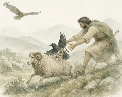 Illustration for Aesop’s fable “The Eagle, the Jackdaw and the Shepherd”
