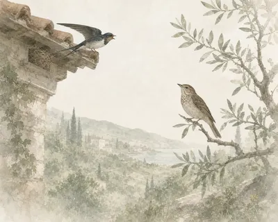 Illustration for Aesop’s fable “The Nightingale and the Swallow”