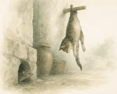 Illustration for Aesop’s fable “The Cat and the Rats”