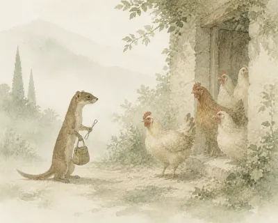Illustration for Aesop’s fable “The Weasel and the Hens”