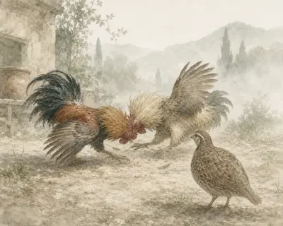 Illustration for Aesop’s fable “The Cocks and the Partridge”