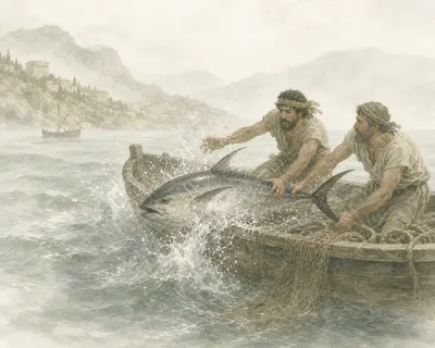 Illustration for Aesop’s fable “The Fishermen and the Tuna”