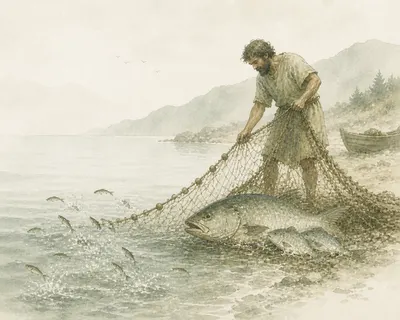 Illustration for Aesop’s fable “The Big Fish and the Small”