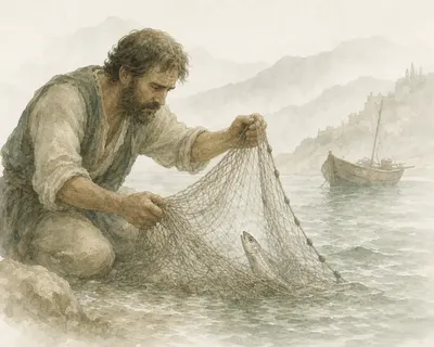 Illustration for Aesop’s fable “The Fisherman and the Sprat”
