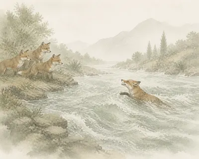 Illustration for Aesop’s fable “The Foxes by the Meander”