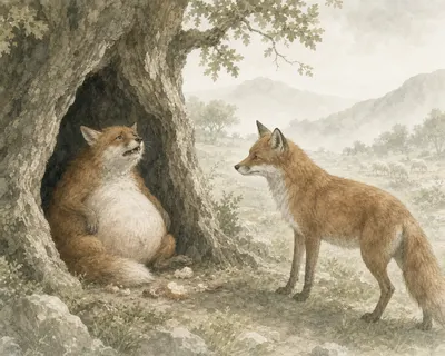 Illustration for Aesop’s fable “The Fox with the Swollen Belly”