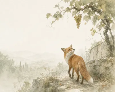 A red fox on a rocky ledge lifts its muzzle towards a bunch of grapes hanging from a vine