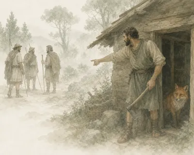 Illustration for Aesop’s fable “The Fox and the Woodcutter”