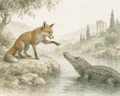 Illustration for Aesop’s fable “The Fox and the Crocodile”