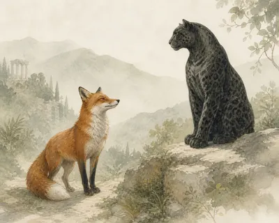 Illustration for Aesop’s fable “The Fox and the Panther”