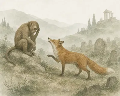 Illustration for Aesop’s fable “The Fox and the Monkey Disputing Their Birth”