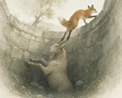 Illustration for Aesop’s fable “The Fox and the Goat”