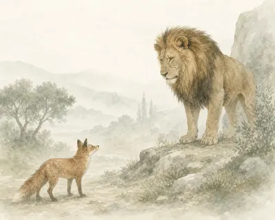Illustration for Aesop’s fable “The Fox Who Had Never Seen a Lion”