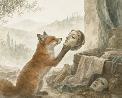 Illustration for Aesop’s fable “The Fox and the Mask”