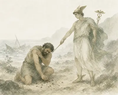 Illustration for Aesop’s fable “The Man Bitten by an Ant and Hermes”