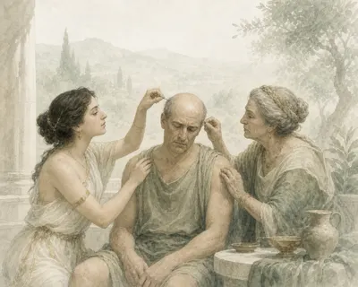 Illustration for Aesop’s fable “The Middle-Aged Man and His Two Mistresses”