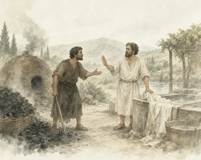 Illustration for Aesop’s fable “The Charcoal-Burner and the Fuller”