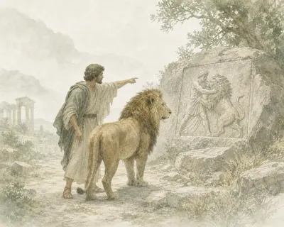 Illustration for Aesop’s fable “The Man and the Lion Travelling Together”