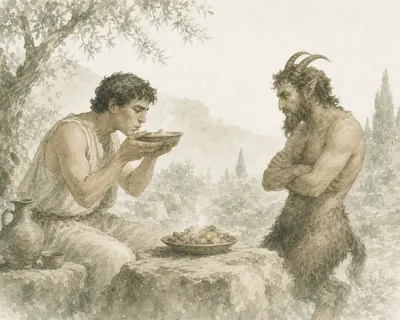 Illustration for Aesop’s fable “The Man and the Satyr”