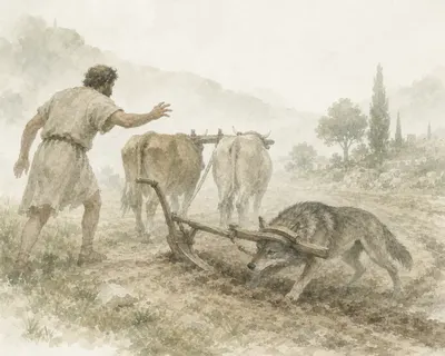 Illustration for Aesop’s fable “The Ploughman and the Wolf”