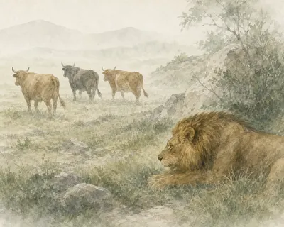 Illustration for Aesop’s fable “The Three Oxen and the Lion”