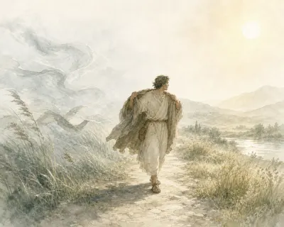 A traveller seen from behind pulls his cloak tight along a path, between gusts of wind on the left and the low sun on the right