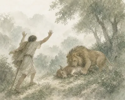 Illustration for Aesop’s fable “The Cowherd and the Lion”