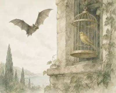 Illustration for Aesop’s fable “The Canary and the Bat”