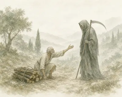 Illustration for Aesop’s fable “The Old Man and Death”