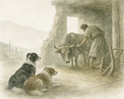 Illustration for Aesop’s fable “The Ploughman and the Dogs”