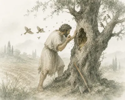 Illustration for Aesop’s fable “The Ploughman and the Tree”