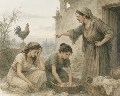 Illustration for Aesop’s fable “The Woman and Her Servants”