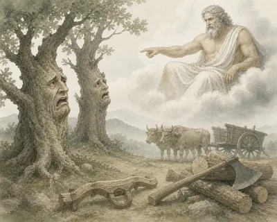 Illustration for Aesop’s fable “The Oaks and Zeus”