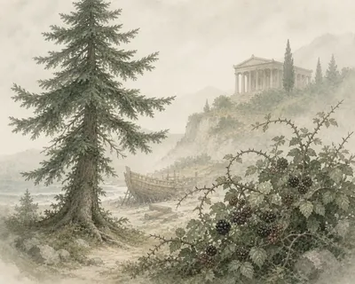 Illustration for Aesop’s fable “The Fir and the Bramble”