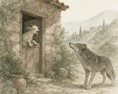 Illustration for Aesop’s fable “The Kid in the House and the Wolf”