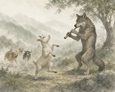 Illustration for Aesop’s fable “The Kid and the Flute-Playing Wolf”