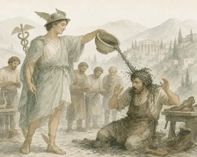 Illustration for Aesop’s fable “Hermes and the Craftsmen”