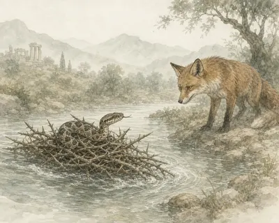 Illustration for Aesop’s fable “The Viper and the Fox”