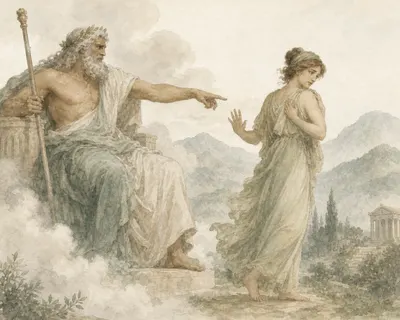 Illustration for Aesop’s fable “Zeus and Modesty”