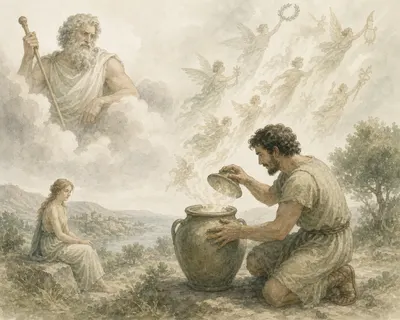 Illustration for Aesop’s fable “Zeus and the Jar of Blessings”